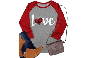 UNIQUEONE Valentines Shirts Heart Baseball Shirt - Plaid Love Heart Graphic 3/4 Sleeve Shirts for Women Cute Raglan Tops