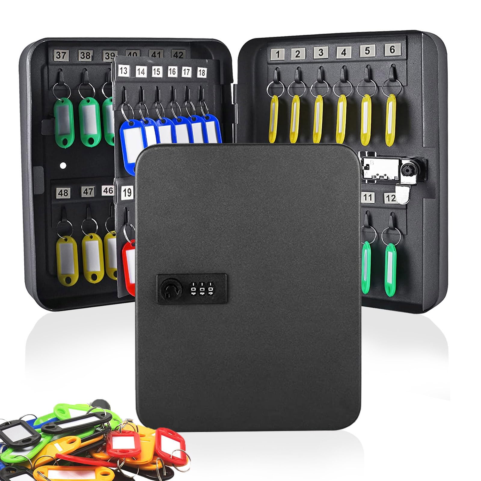 Key Safe 48 Key Large Cabinet Key Boxes with Combination Lock, Wall Mounted Security Key Storage Box with 50 Key Tags, Steel Keysafe Organizer Resettable Digital Security Box for Indoor Outside, Black