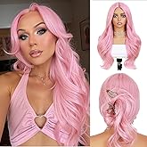 Quantum Love Long Curly Pink Wig for Women Long Wavy Middle Part Light Pink Wigs 28Inch Natural Looking Synthetic Fashion Color Hair for Cosplay Halloween Daily Party Use