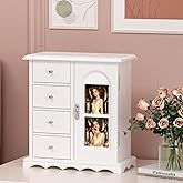 VINGLI Jewelry Box with Photo Frame, White Jewelry Organizer for Women, Arched Wooden Keepsake Case with 4 Drawers, Rotating Necklace Hooks & Velvet Lining, Vintage Gift for Girls Bedroom
