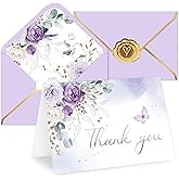 Whaline 50 Pack Purple Floral Thank You Card Lavender Flower Greeting Card with Envelope Sticker Blank Note Cards for Baby Shower Spring Party Invitation Supplies, 4 x 6 Inch