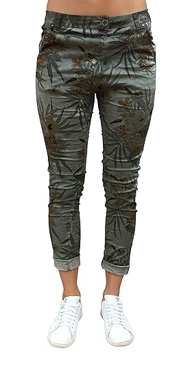 Bianco Jeans Damen Hose Palma - Boyfriend-Pants in Olive mit Palmen-Print