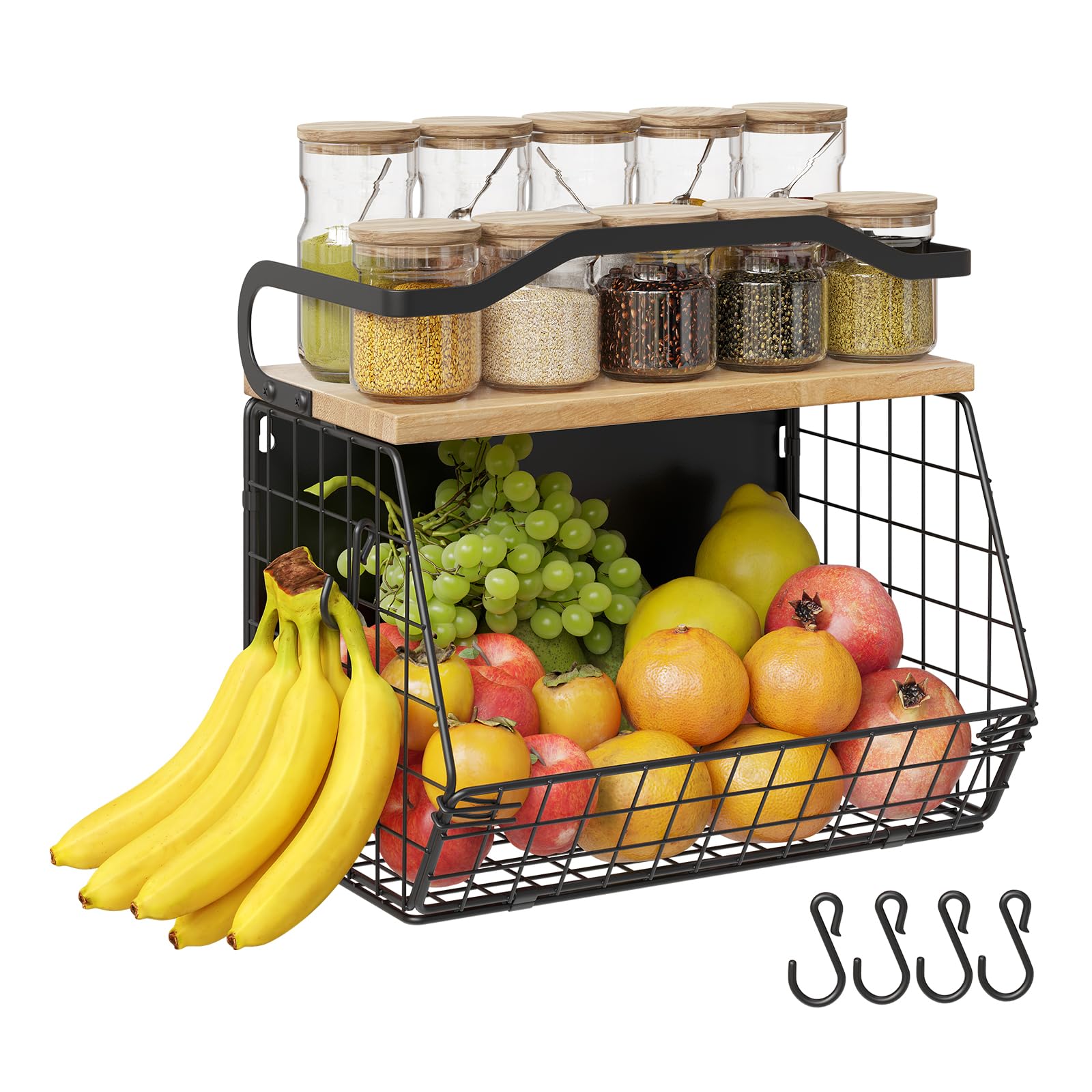 Photo 1 of Mefirt Magnetic Shelf for Fridge with Wood Lid, Heavy Duty Fruit Basket, Fruit Potato and Onion Storage Bins, Magnetic Spice Rack for Refrigerator, Black Hanging Wire Basket for Kitchen Counter