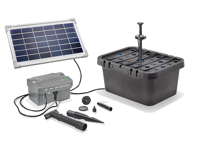 Solar Teichfilterset Starter 300 l/h Förderleistung 8 W Solarmodul + Akku 6V/3,2 Ah + LED Beleuchtung Komplettset bis 500l Ga