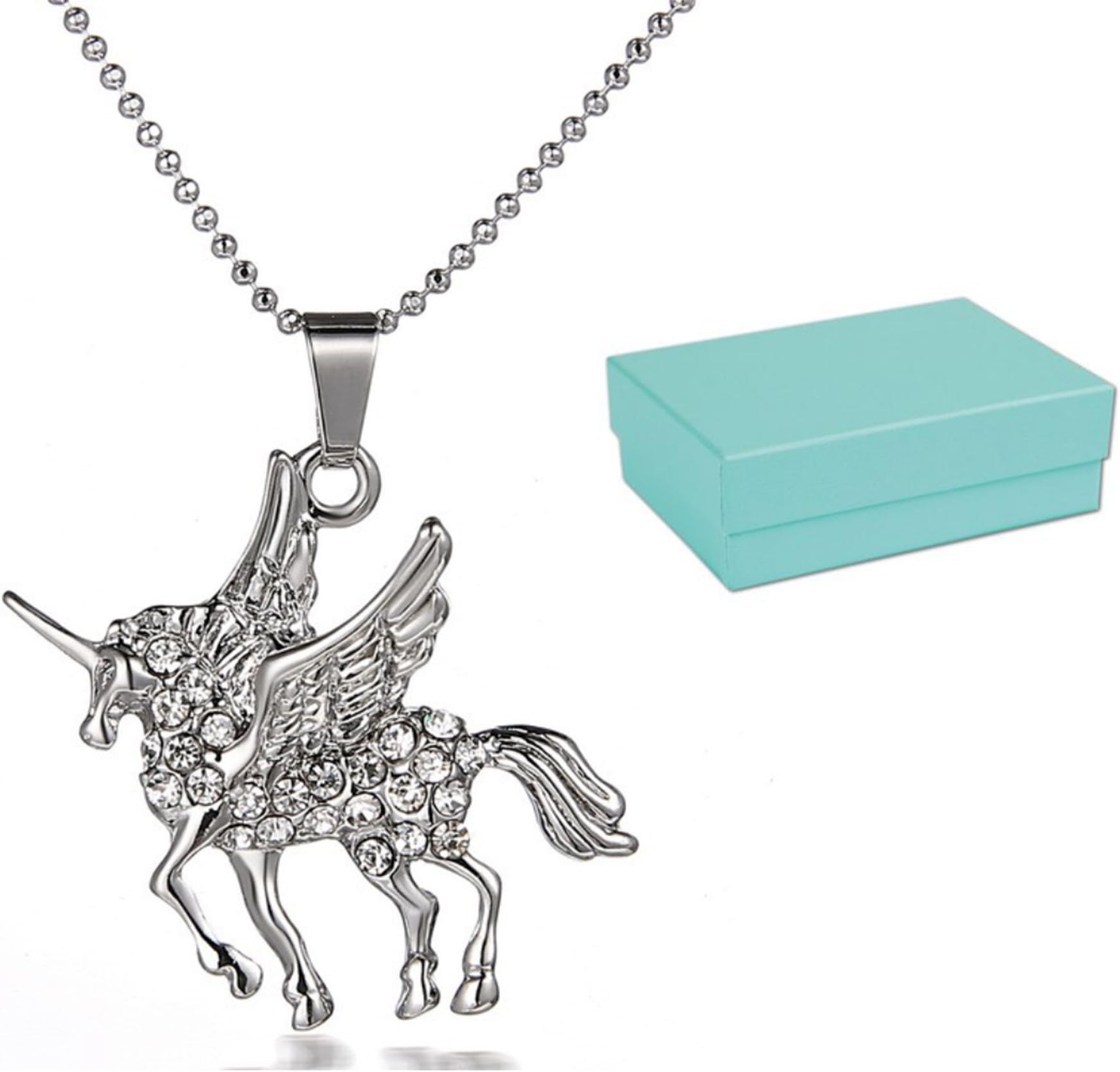 Blu Lily Unicorn Pendant Necklace for Girls, Women, Kids, White Gold Plated Jewel w/Gift Box