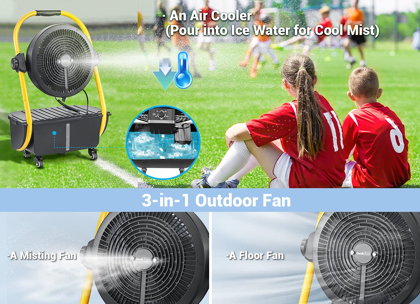 Geek Aire Battery Operated Misting Fan, 30000mAh Detachable Rechargeable Outdoor Floor Fan with 2.9 Gal Water Tank, Waterproof Battery Powered Camping Fan for Patio Travel, Camping Gear Accessories