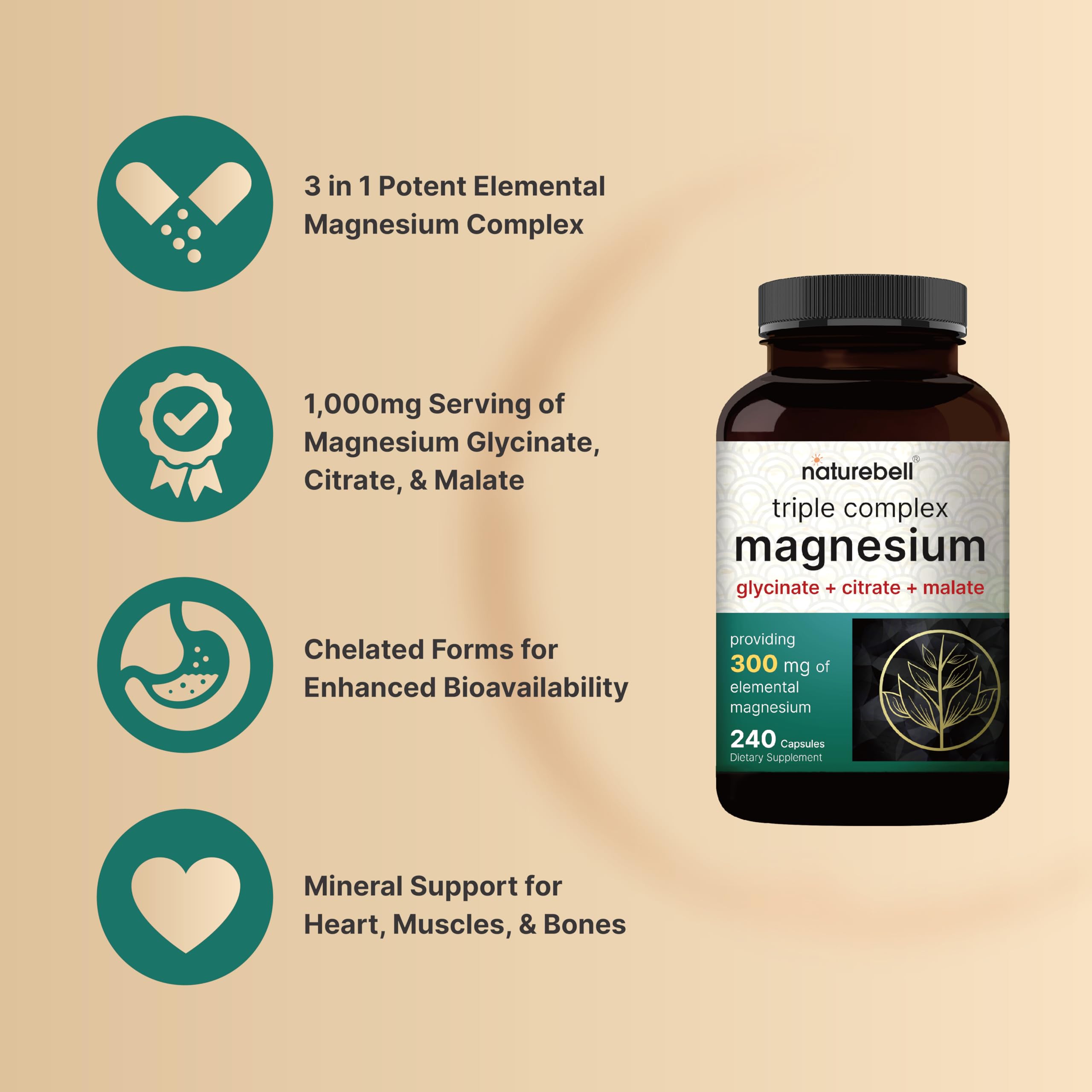Magnesium Complex 1,000mg, 240 Capsules | Triple Magnesium Complex with Glycinate, Citrate, Malate | Chelated & Purified | Bone, Heart & Muscle Support | Non-GMO