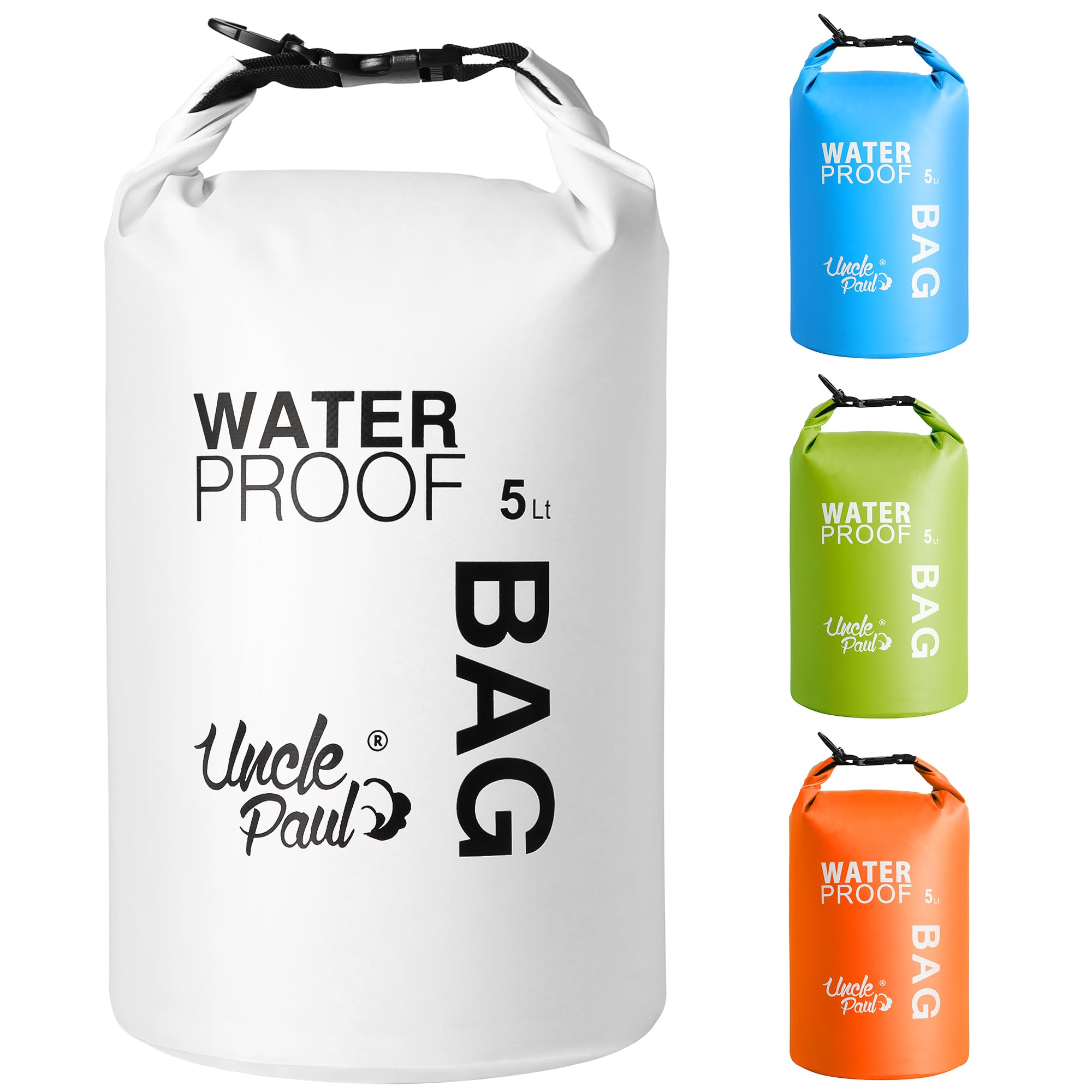 Uncle Paul Boat Dry Bags - Belongings Protection Waterproof Bag for Outdoor Drifting Boating Kayaking Fishing Rafting Swimming Camping Canoeing Surfing Pure White 5 Literes(1.1 UK gal)