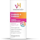 vH essentials Prebiotic pH Balanced Vaginal Suppositories, 15 Count | Prebiotic vaginal suppositories naturally restore pH balance and protect against feminine odor. 15 count box.