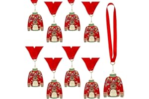 Loetere 10 Pcs Christmas Ugly Sweater Medal Award with Neck Ribbon Gold Ugly Sweater 1st Place Medals Christmas Tree Ornament for Contest Winner Christmas Tree Party Holiday Decorations, 2.5 Inch