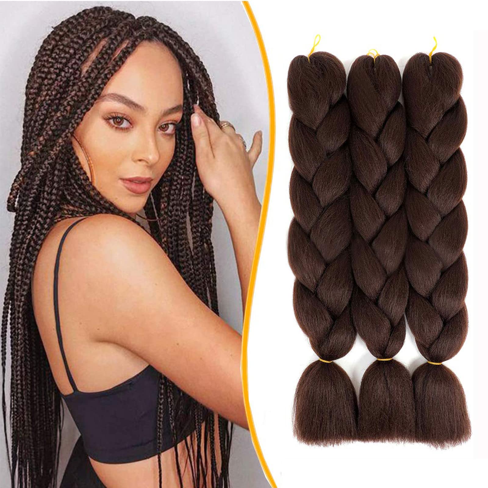 WoWCFyyds 3Packs Jumbo Braiding Hair Extensions Ombre Jumbo Braids Extensions Hair 24'' Kanekalon Hair Afro Box Braids Hair Extensions for Braiding (Brown-4#)