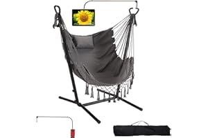 TVT Hammock with Stand Phone Holder Included Double Hanging Chair Macrame Boho Handmade Adjustable Swing Indoor Outdoor Patio Yard Garden Porch 400lbs Capacity (2022 Grey)