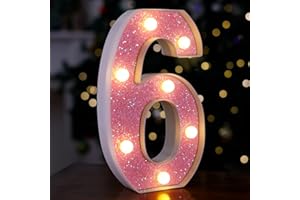 TRONSBOO LED Letter Lights Pink Glitter Marquee Letters Light Up Alphabet Letters Sign Battery Powered for Home Party Decoration Night Bar Wedding Birthday Christmas Lamp Girls Gift - Number 6