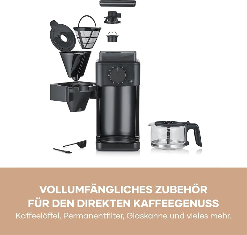 Filter-Kaffeemaschine mit Glaskanne, individueller Mahlgrad, 10 Tassen, 1,25L, Tropfstopp, inkl. Löffel, Permanentfilter, Reinigungsbürste, automatische Abschaltung, 1000W, schwarz, KA 9215