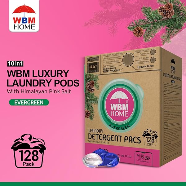 WBM LAUNDRY DETERGENT PODS – ULTRA-CONCENTRATED, HYPOALLERGENIC, STAIN-FIGHTING, EVERGREEN SCENT, 128-PACK, RECYCLABLE PACKAGING FOR ECO-FRIENDLY CLEANING
