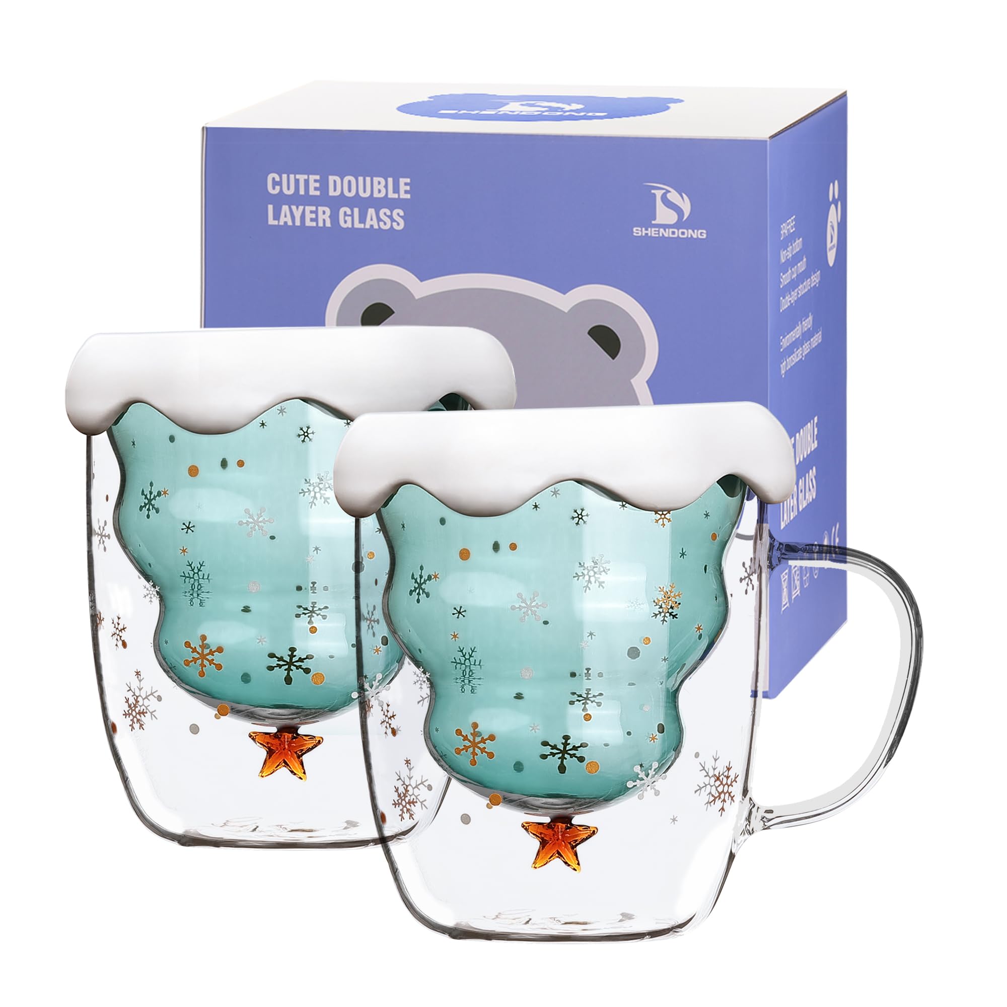 SHENDONG Christmas Tree Coffee Mugs Set of 2 Cute Mugs with Lid Tea Cup Milk Cup Double Wall Insulated Glasses Espresso Cup Best Christmas Gifts for Women Kids Girls Men Office and Personal