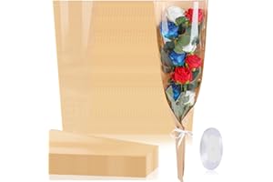 KIMOBER 50PCS Flower Bouquet Bags, Clear Cellophane Floral Sleeve with Ribbon, 24.8 * 8.7 Inches, Wedding, Birthday, Mother's Day, Multiple Special Occasions