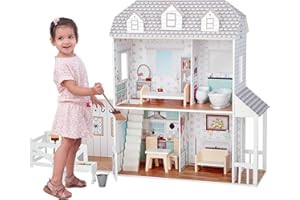 Teamson Kids - Dreamland Farm House Wooden Pretend Play Doll House Dollhouse For 12" Doll with 14 Pieces of Furniture - White / Gray