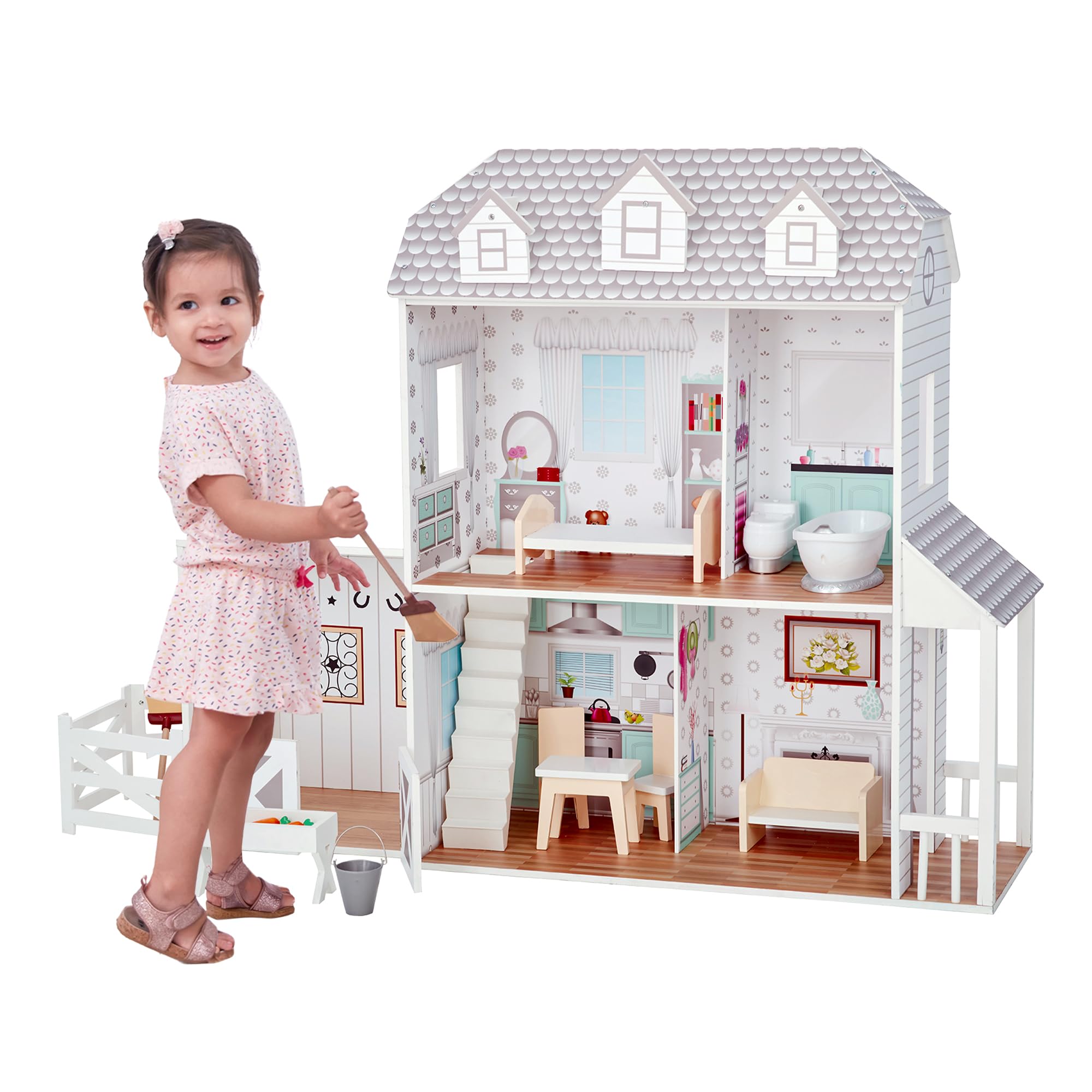 Olivia's Little World Dreamland Farmhouse Wooden Doll House with Horse Stable, Porch, and 14-pc. Accessory Set for 12" Dolls, White/Grey
