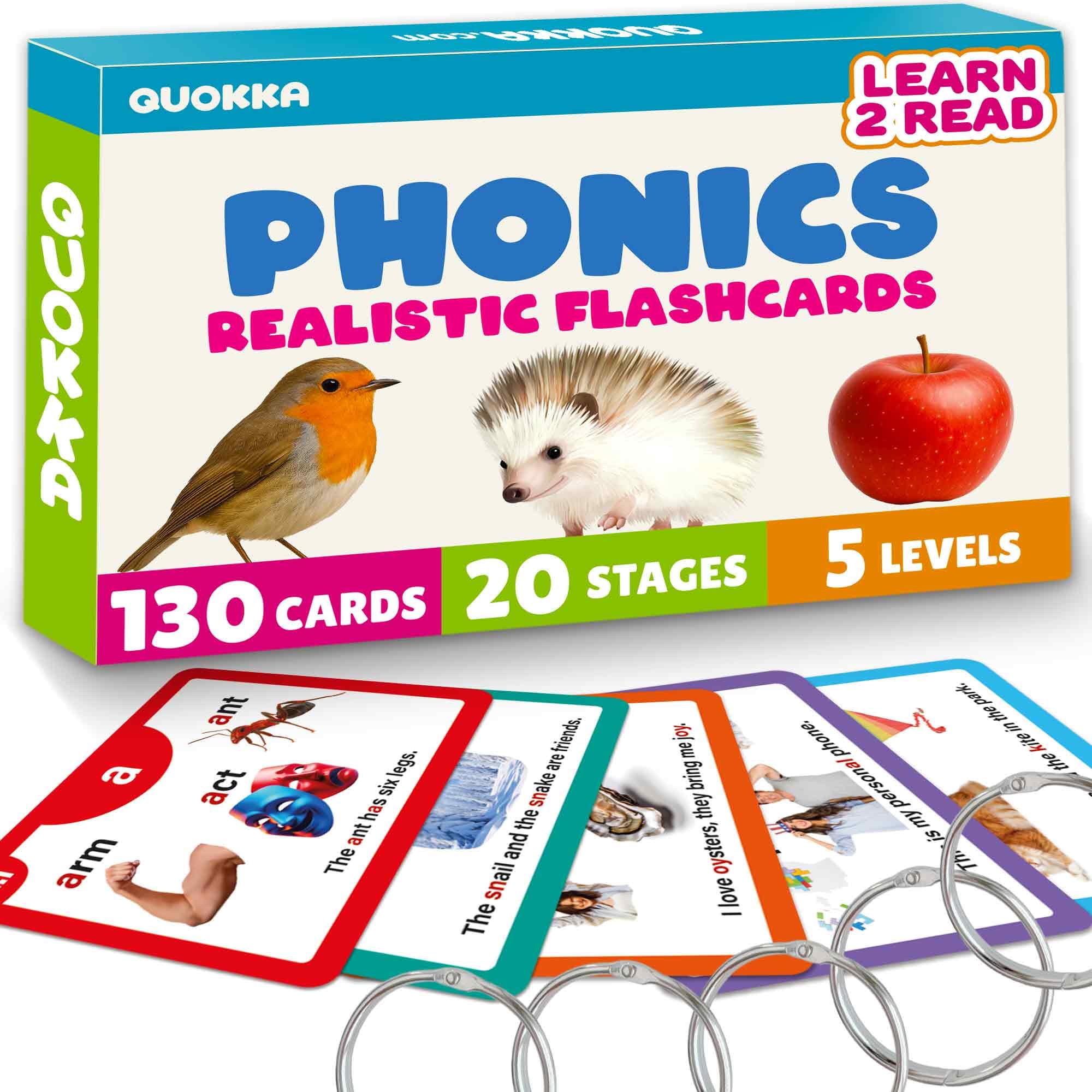 QUOKKA Phonics Flash Cards for Kids Ages 4-8 I 20 Phonic Stages 260 Card Games for Kids Ages 3-5 and 6-8 | Learn to Read Games & Phonics Manipulatives for Phonemic Awareness I Alphabet,CVC,Blends,etc