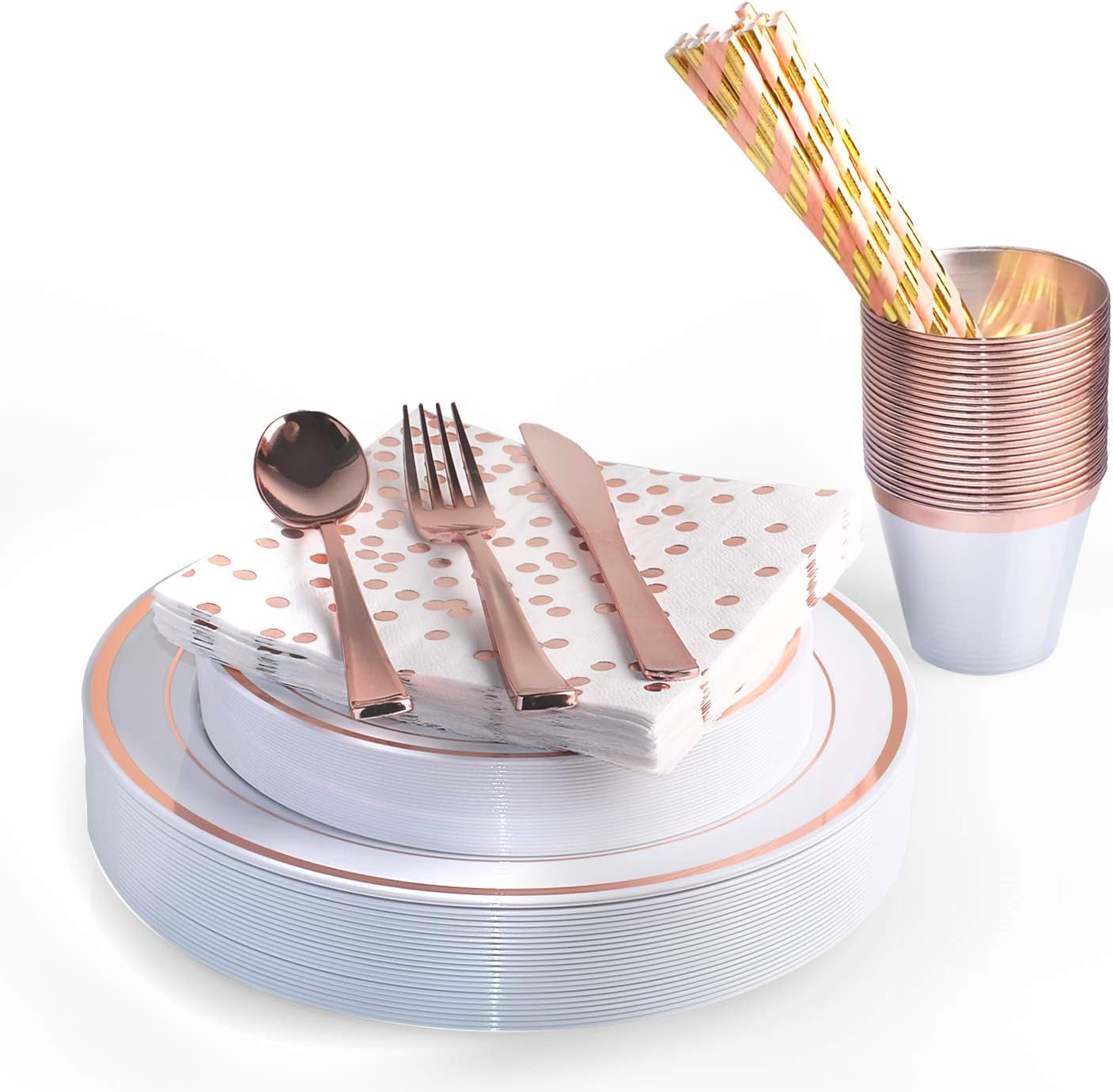 200 pcs Rose Gold Plates and Napkins Party Supplies, Party Plates, Forks, Spoons, Knives, 9 oz Cups, Napkins, Straws, Rose Gold Party Decorations, Plastic Plates Disposable, Plastic Dinnerware Set