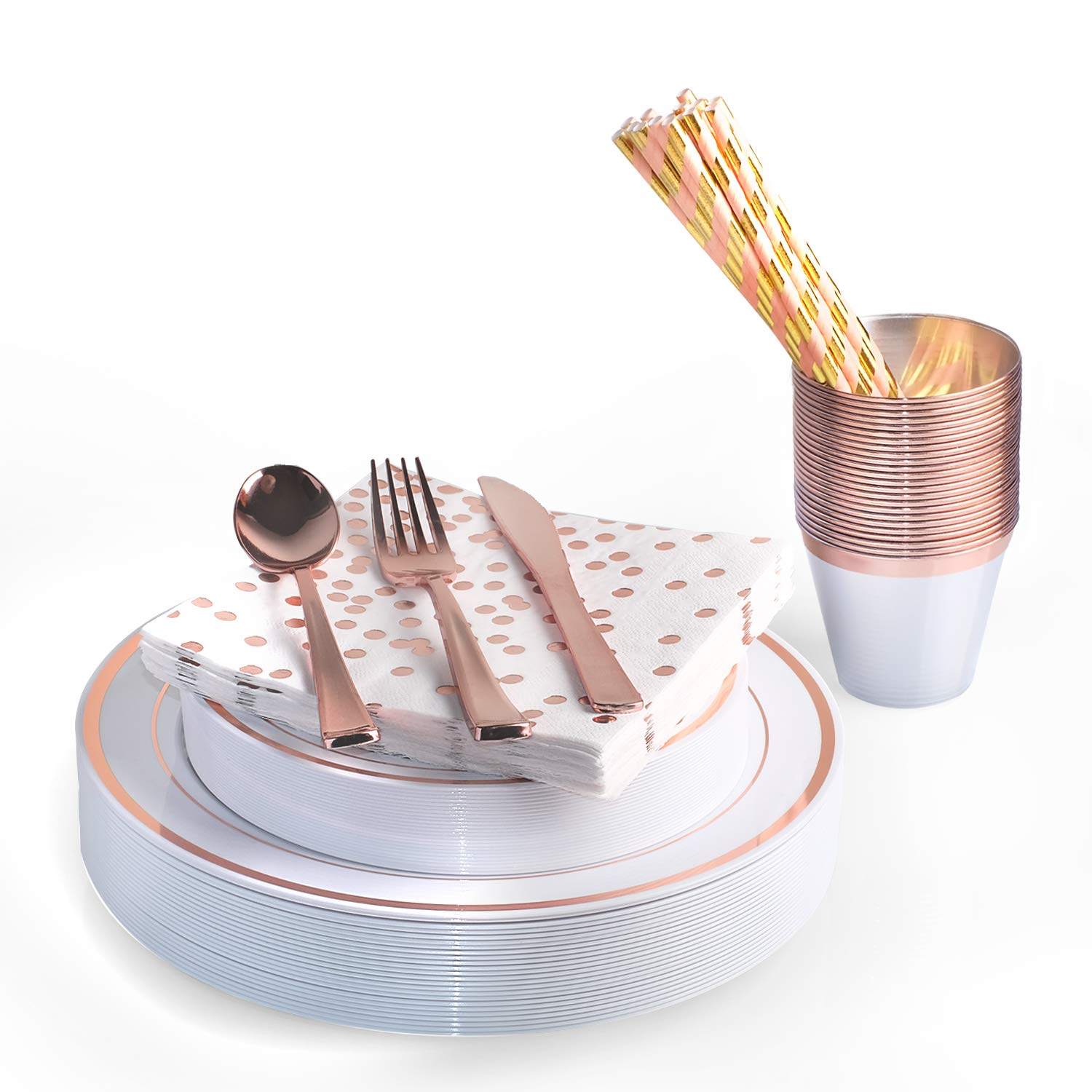 200 Piece Rose Gold Disposable Cutlery Set | Plastic Rose Gold Silverware | Heavyweight Quality Flatware | Includes 25 Forks, Spoons, Knives, 9 Oz Cups, Plates, Napkins + Straws