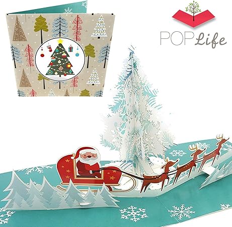 Amazon Poplife サンタ ライディング そり 3d ポップアップ ホリデー グリーティングカード お祝い友人 クリスマスプレゼント 家族 折りたたみ 郵送に最適 メリークリスマス ホリデーパーティー サンキューに 紙製品 文房具 オフィス用品