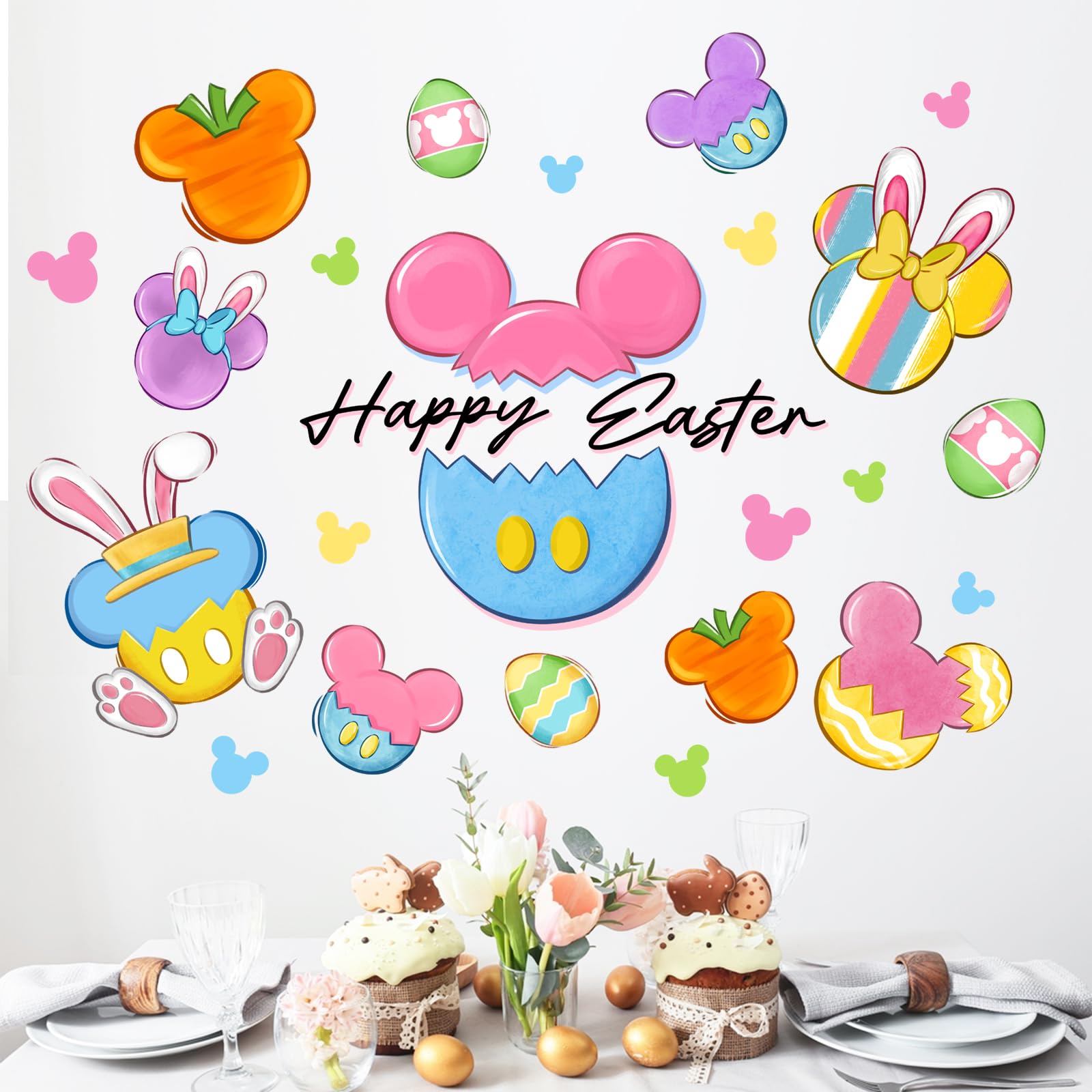 Photo 1 of Pycat Happy Easter Bunny Wall Decals Stickers, Colorful Pastel Easter Eggs Rabbit Decorations Bedroom Art, Spring Cute Carrot Home Kitchen Decor