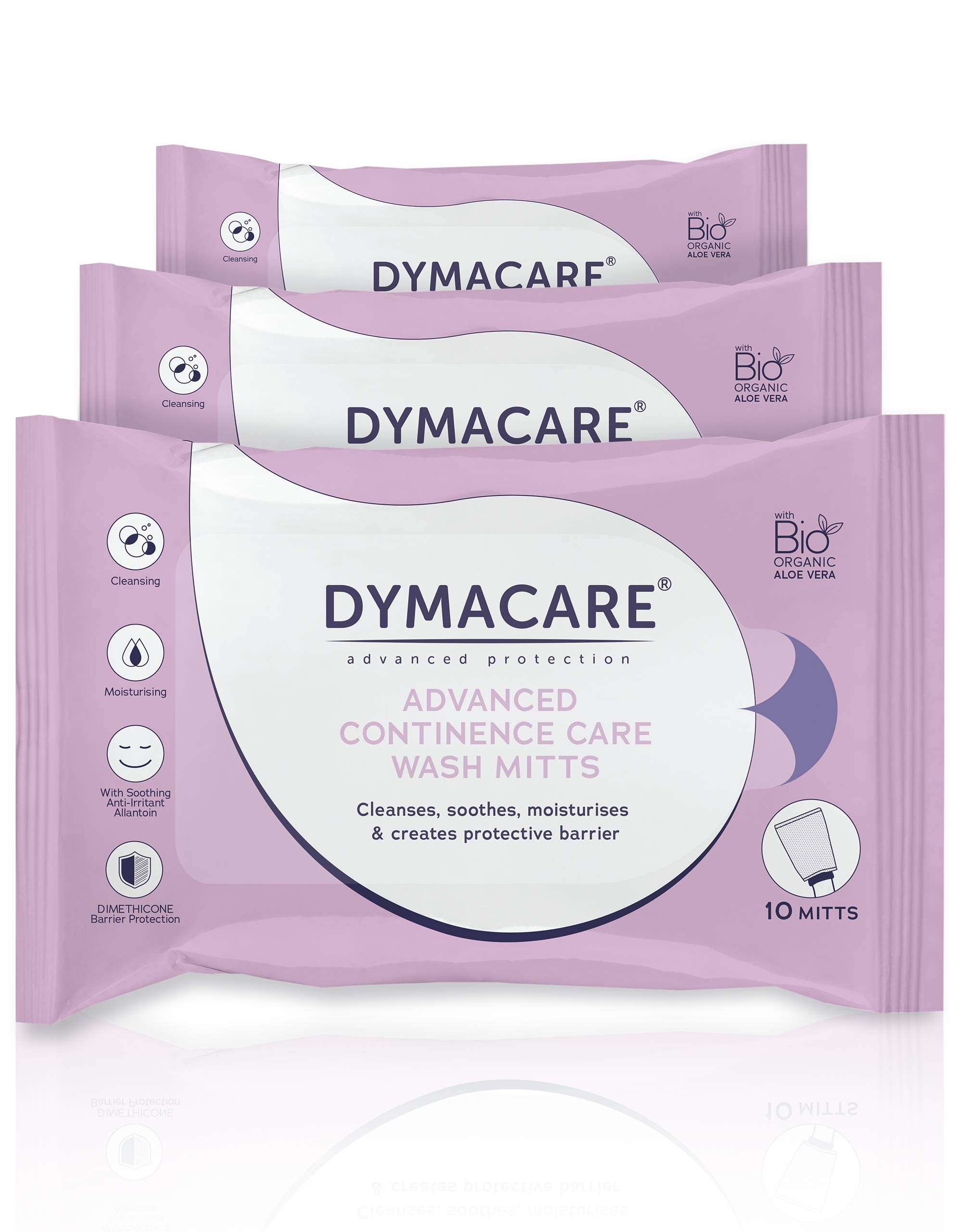 DYMACARE Advanced Continence Care Wash Mitts | Adult Fragrance-Free Premium Disposable Incontinence Skin Cleansing Cloths with Barrier Protection | 3 Packs (30 mitts in total)