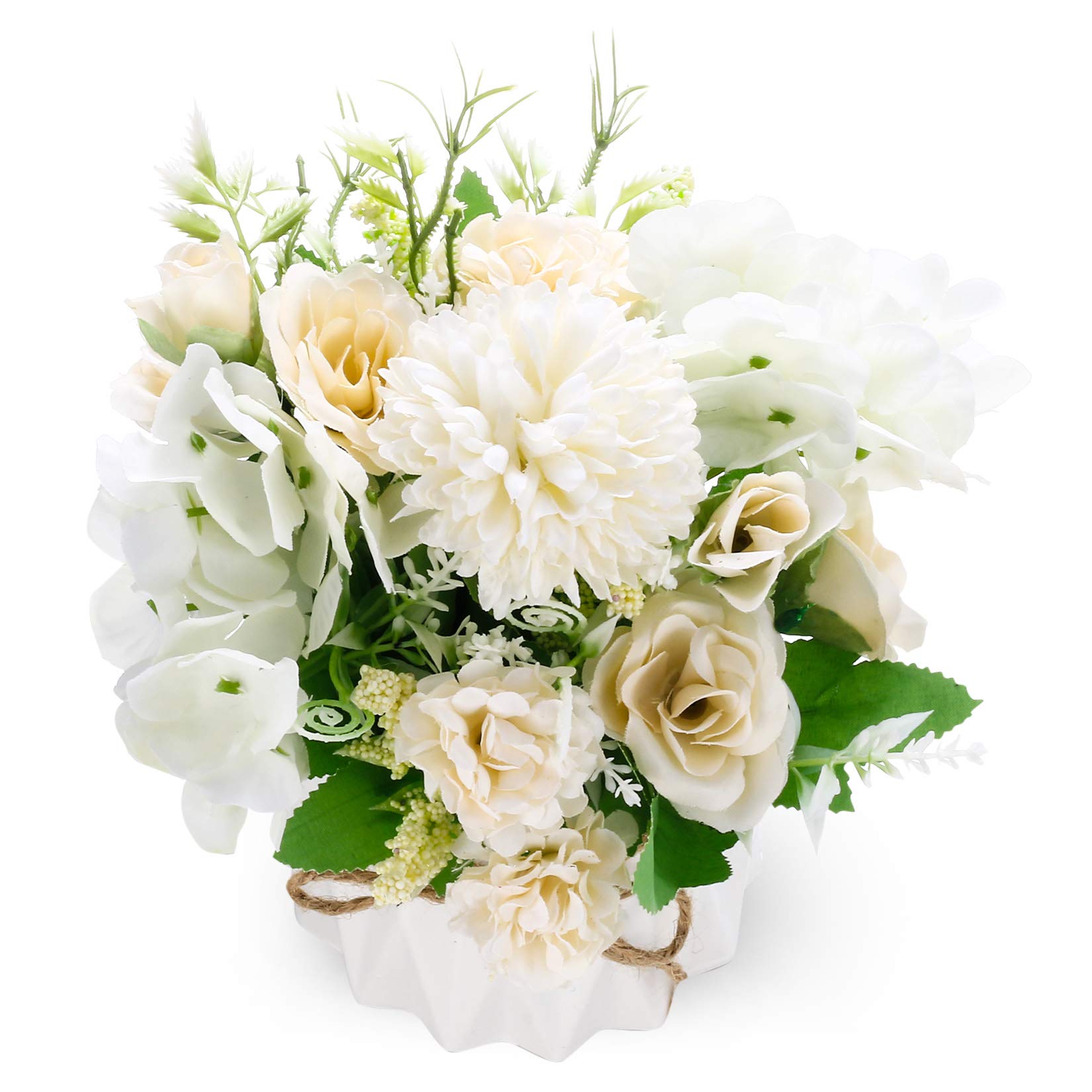 Artificial Flowers with Vase, Realistic Hydrangea Roses Silk Flowers Arrangements, Fake Flowers in Pot for Home Decoration, Wedding Table, Window, Living Room, Bedroom, Office, Party Deco (White)