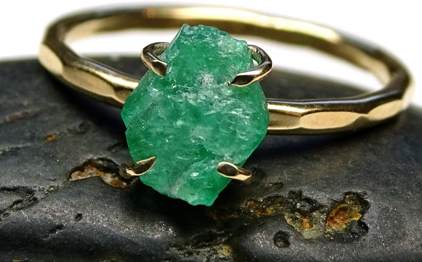 raw emerald ring gold silver ring, emerald wedding ring set, viking engagement ring, molten emerald ring, anniversary gift for her