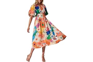 Maxigerui Women's Boho Floral Print Midi Dress Short Sleeve Summer Long Dress