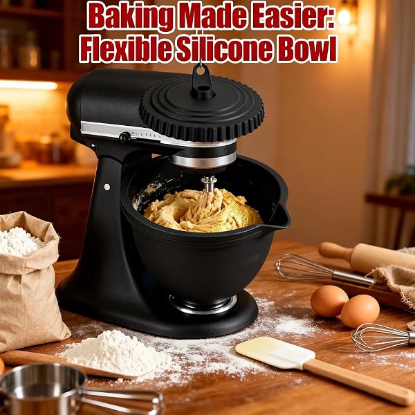 SILICONE BOWL LINERS FOR 5 QT KITCHENAID MIXERS – NON-SLIP STAND MIXER ITH LINER WITH LIDS, HEAT-RESISTANT KITCHEN AID SILICONE INSERT, EASY TO CLEAN, PROTECTS MIXING BOWL (BLACK)
