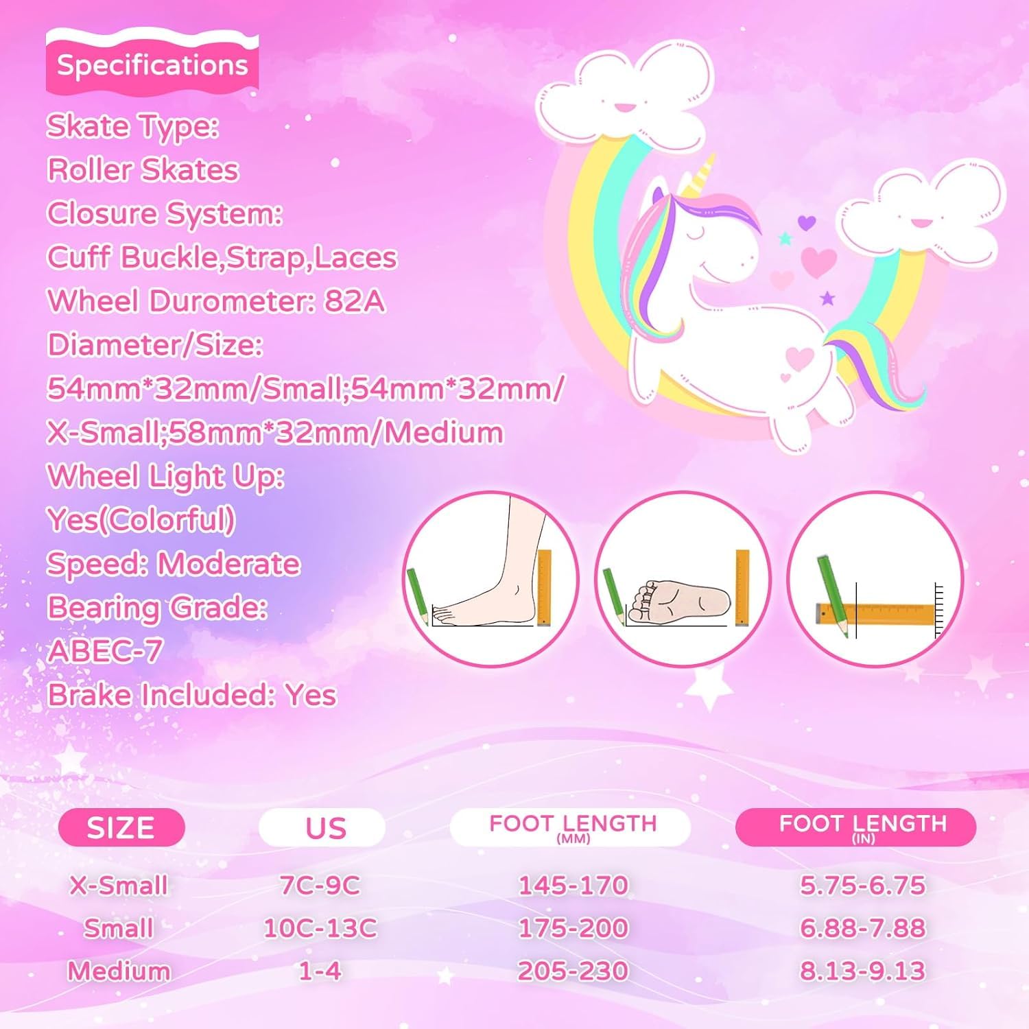 Nattork Girls Roller Skates for Kids, 4 Size Adjustable Rainbow Quad Skates with All Light Up Wheels - Best Birthday Gift for Outdoor Sports