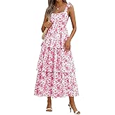 Wenrine Womens Summer Floral Maxi Dress Casual Tie Strap Sleeveless Ruffle Tiered Smocked Loose Boho Beach Dresses