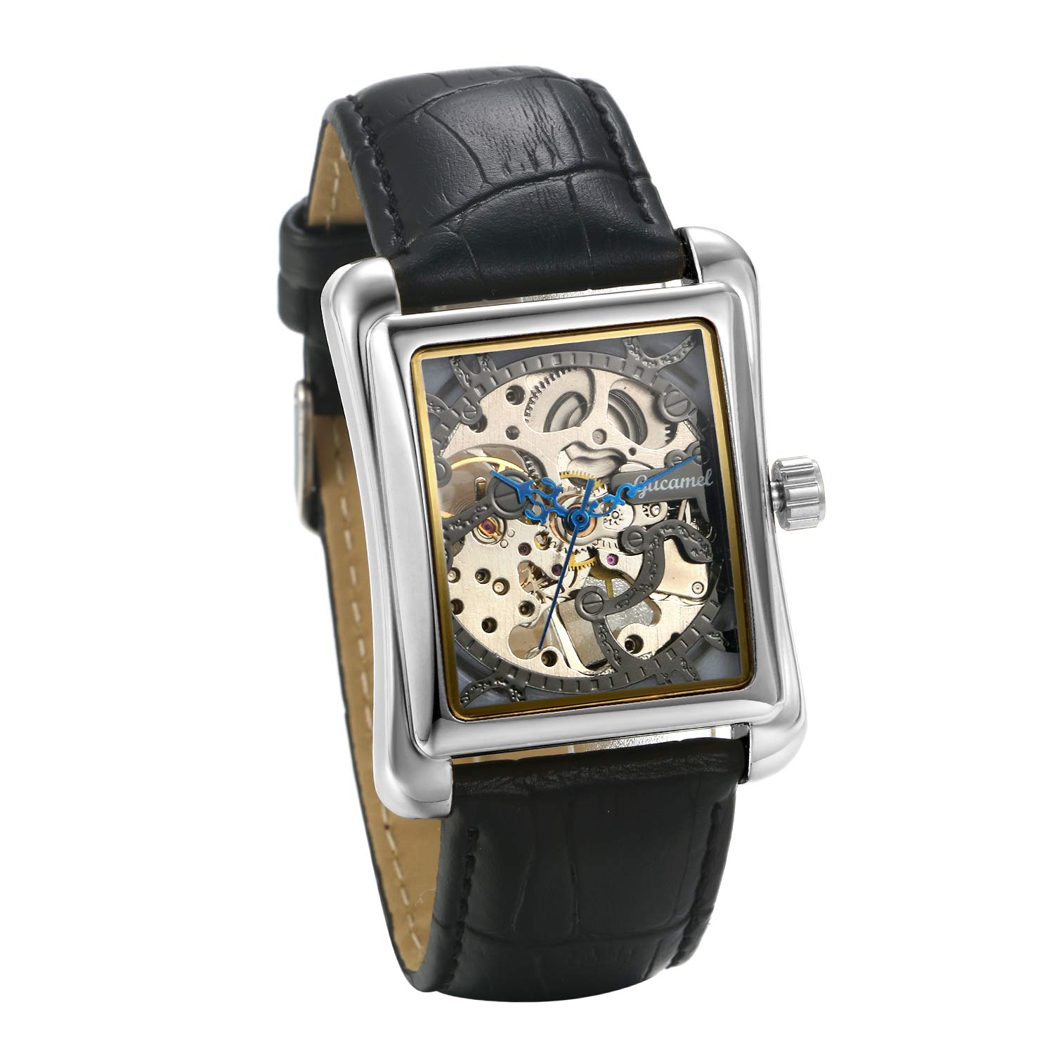 JewelryWe Mens Watches Automatic Mechanical Watch Skeleton Square Dial Leather Wrist Watch
