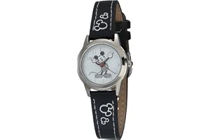 Disney Mickey Mouse Analog Kids Watch with Moving Hour and Minute Hands, Classic Black Strap, Easy-Read Dial, Durable Mineral Crystal, Gift Box, Fits Wrists 5.5" to 8"