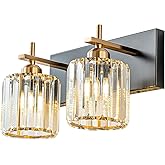HUOKU 2-Light Crystal Bathroom Vanity Lights, Black Gold Modern Bathroom Light Fixtures Over Mirror Crystal Wall Lighting wit