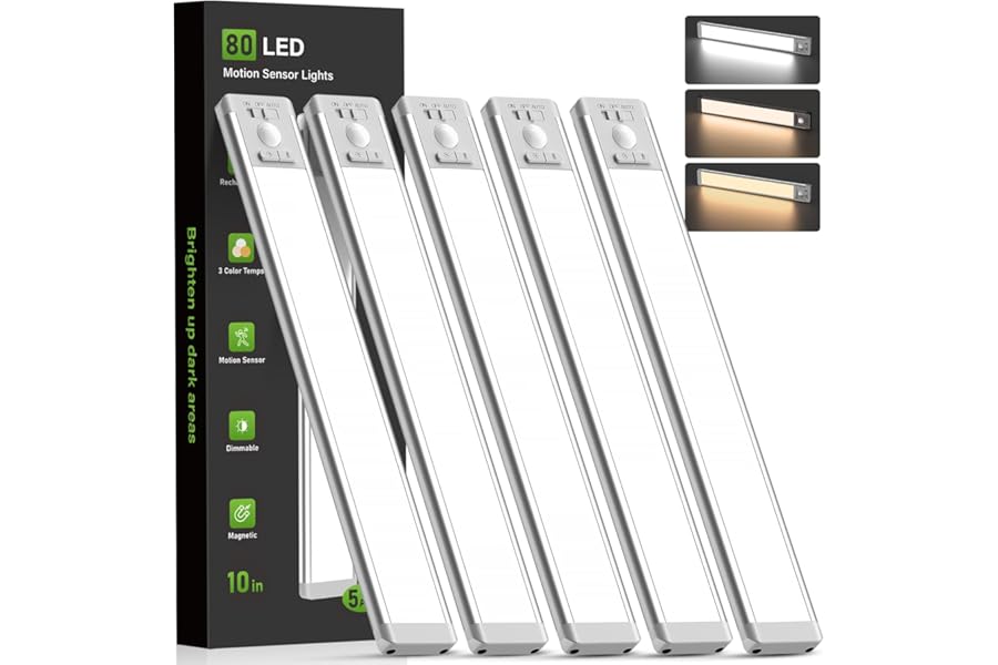 MCGOR 5 Pack 10inch Under Cabinet Lighting, Rechargeable Motion Sensor Light Indoor with 3 Color Temps, Dimmable Magnetic Led Closet Lights, Wireless Under Counter Lights for Kitchen, Stairs
