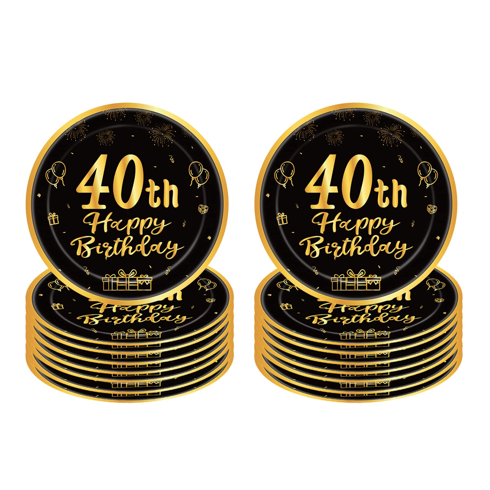 POPOYU 40th Birthday Paper Plates 9''Black and Gold Plates, 16Pcs Disposable Tableware Party Happy Decorations for Boys, Girls, Him, Her Supplies Table Decor