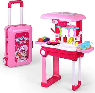 Amazon.com: Juego de juego de cocina para niños, juego de cocina con accesorios Ollas, sartenes, platos, vasos, utensilios, juguetes de alimentos con adorable maleta de viaje (luz y sonido) Favorito de niños