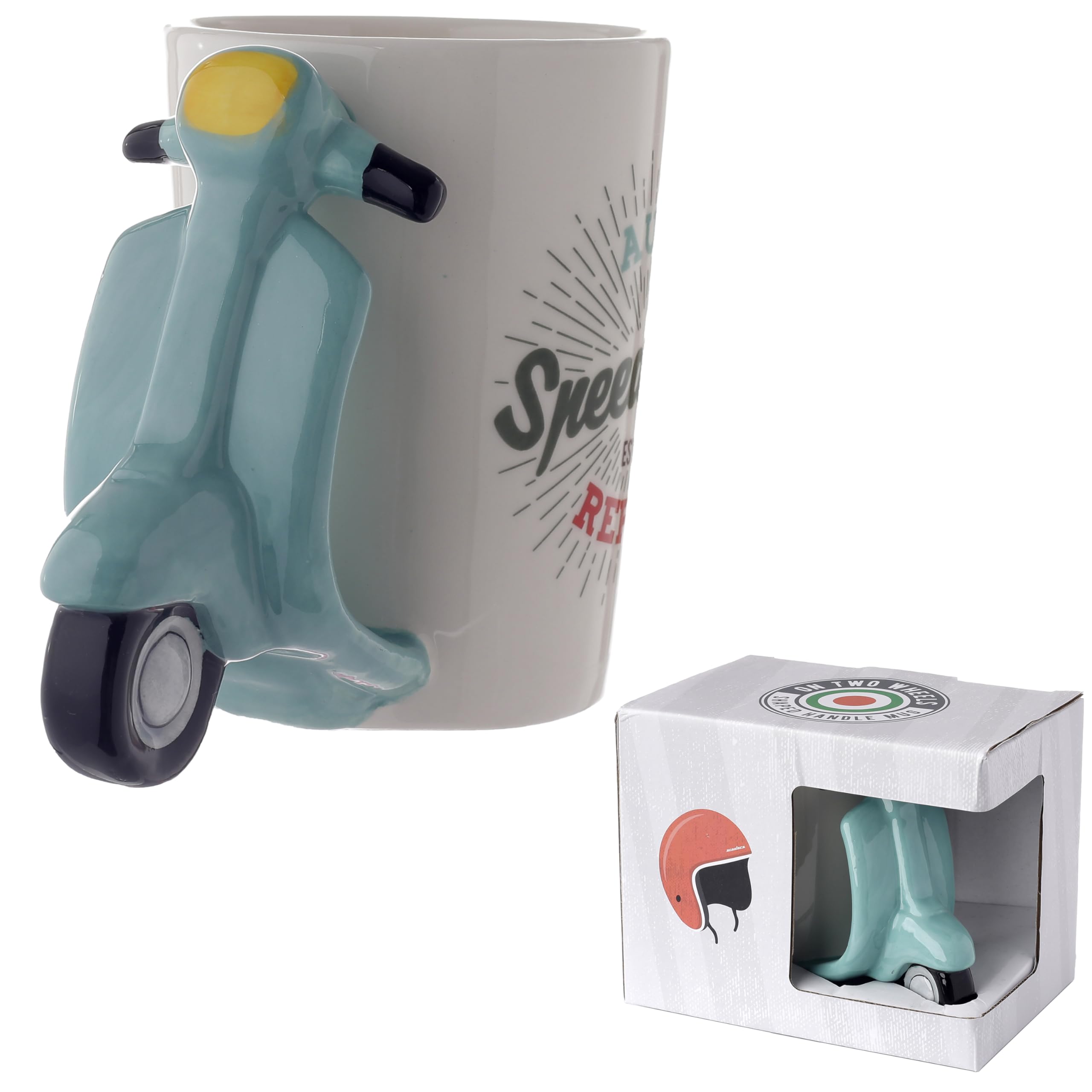 Puckator Speed King Scooter Ceramic Shaped Handle Tea Coffee Mug - Funny Home Accessories - Cute Gifts for Girlfriend Large Mugs for Men Women Hot Drinks Cups Presents Secret Santa Gift Cup Set