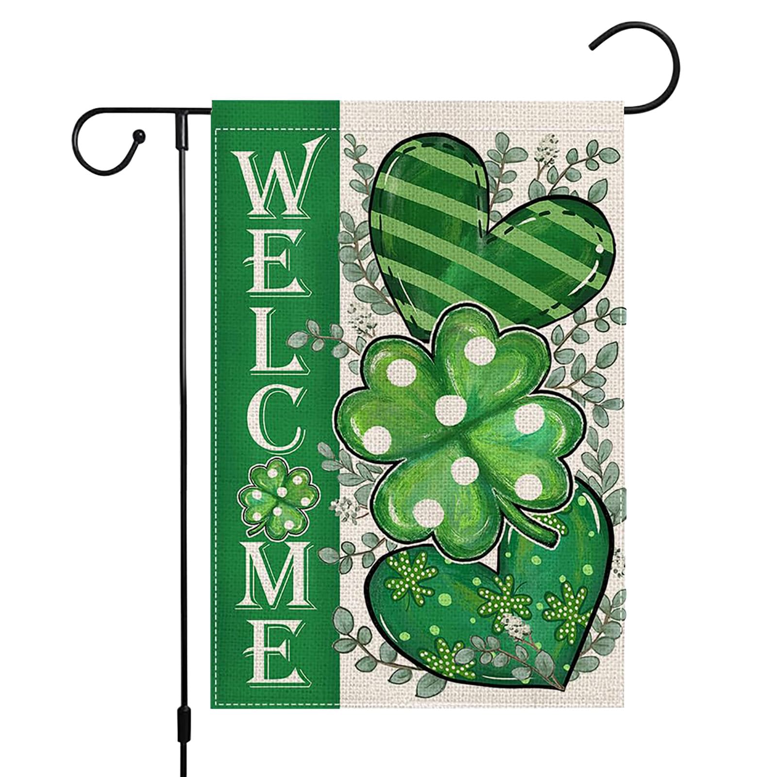 St Patrick's Day Garden Yard Flag Irish Green Shamrocks Burlap Shamrocks Yard Outdoor Decoration Vertical Double-Sided Burlap Spring Summer St. Patrick's Day Holiday Home Decors 12.5 x 18 Inch