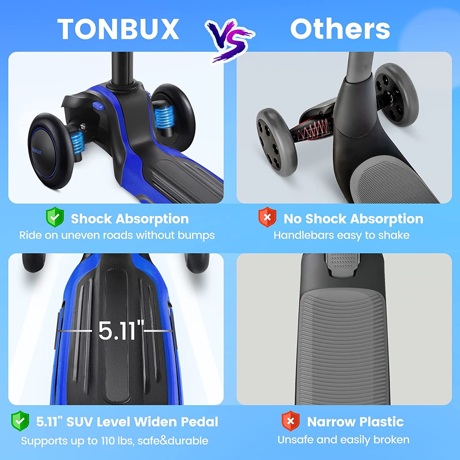 TONBUX Kids Scooter for Age 3-12, Toddler Scooter with 4 Adjustable Heights, Light Up 3-Wheels Scooter, Shock Absorption Design, Lean to Steer, Balance Training Scooter for Kids
