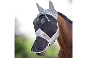 Harrison Howard CareMaster Horse Fly Mask Long Nose with Ears Full Face Silver/Black Retro Large Full Size