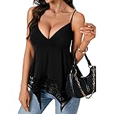 Rooscier Women's Contrast Lace Ruched V Neck Sleeveless Peplum Asymmetrical Tank Tops