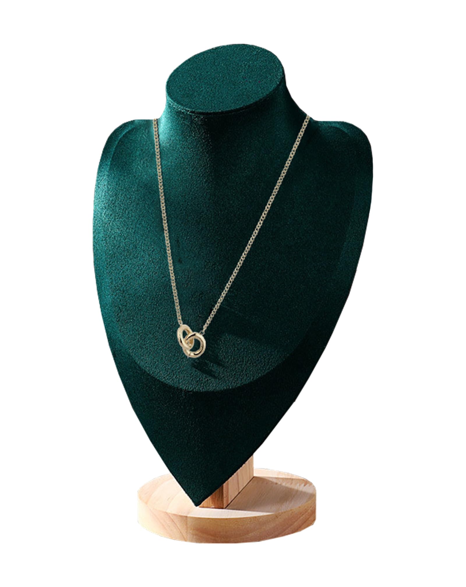 TINGSING Velvet Necklace Display Stand Jewelry Bust Display Stands with Wood Base Mannequin Necklace Pendant Chain Holder Organizer for Jewelry Showcase, Boutiques, Trade Show, Large，Green