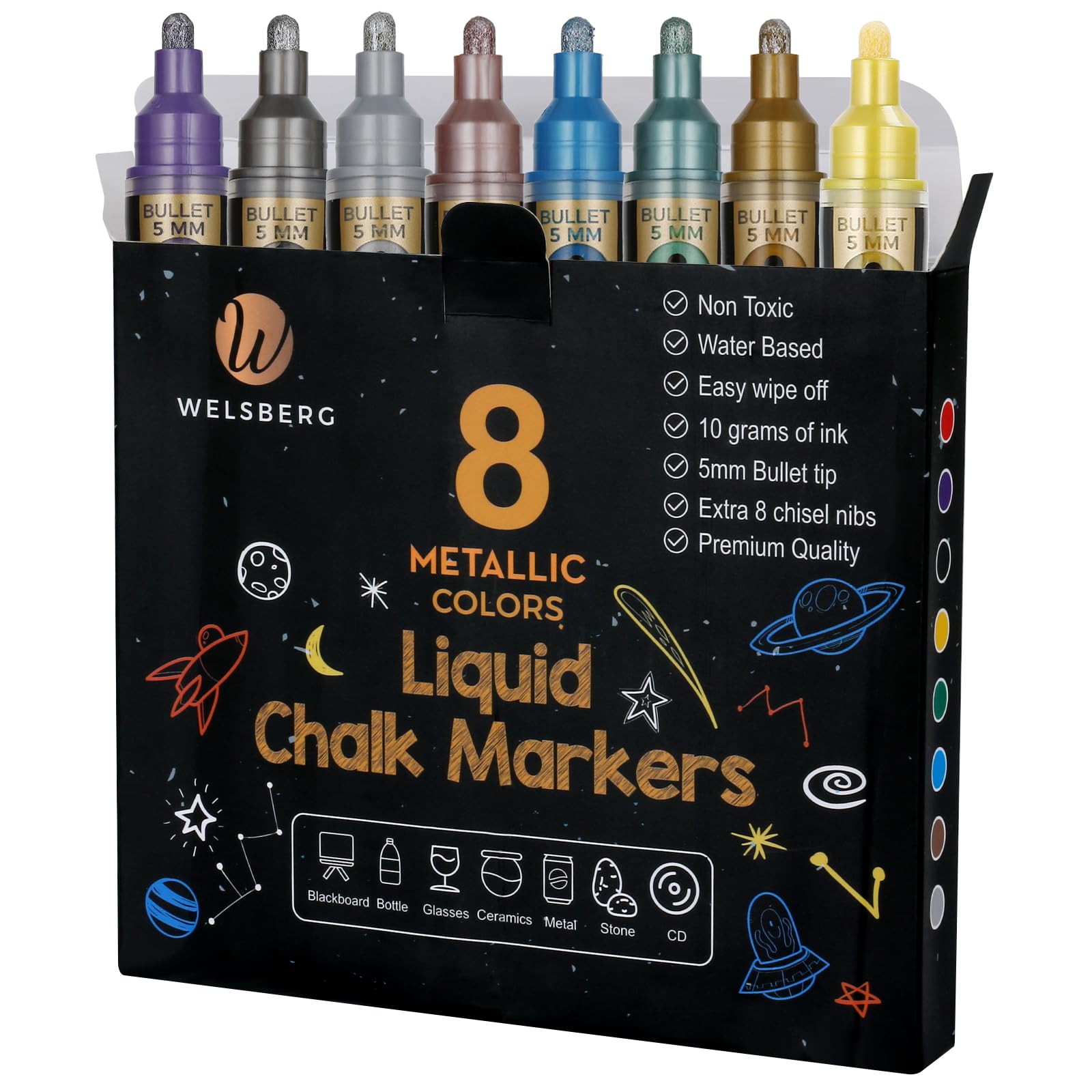 welsberg 8 Metallic Liquid Chalk Pens with extra 8 chisel nibs, Eraseable Chalk Markers 5 mm tip jumbo ink 10 grams for Whiteboard, Blackboard, Chalkboard, Window, Labels, Glass.