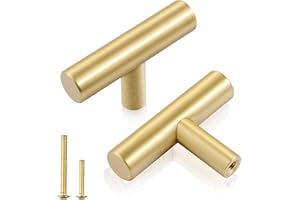 QOGRISUN 5-Pack Solid Brass Cabinet Knobs, Gold Euro Style T Bar Pulls, Single Hole Handles for Kitchen Drawer Dresser Cupboard, 2-Inch Total Length, Brushed Brass Finish