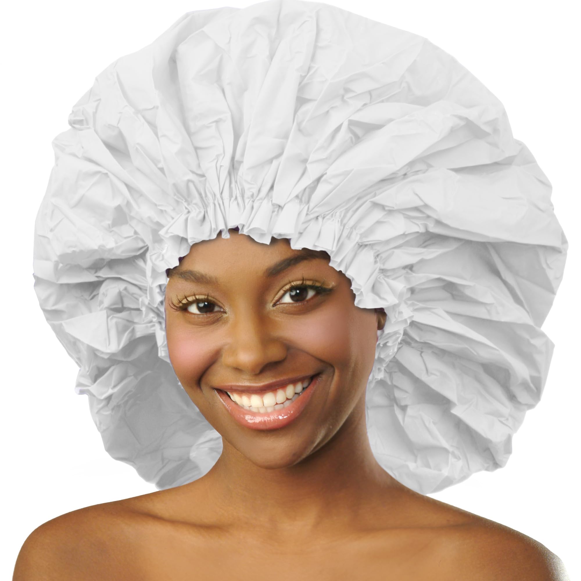 Photo 1 of Donna Super Jumbo Shower Cap Waterproof Material 1pc for Women or Men Shower Cap for Roller Sets, Afros, Twist, Silk Wraps and More Reusable, 1PC WHITE COLOR